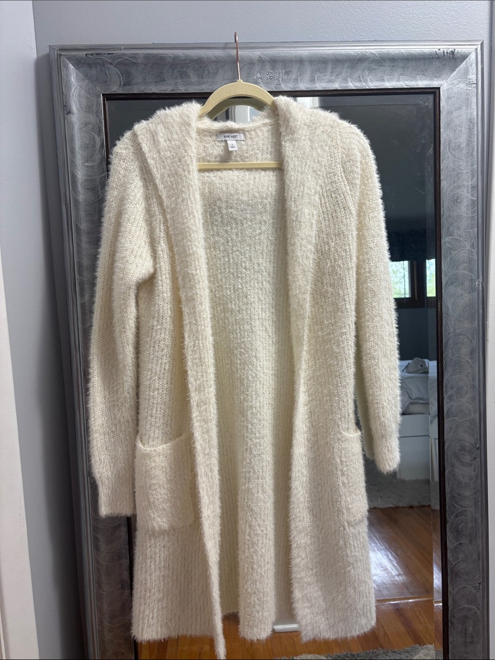Nine West Cream Open-Front Fuzzy Hooded Cardigan